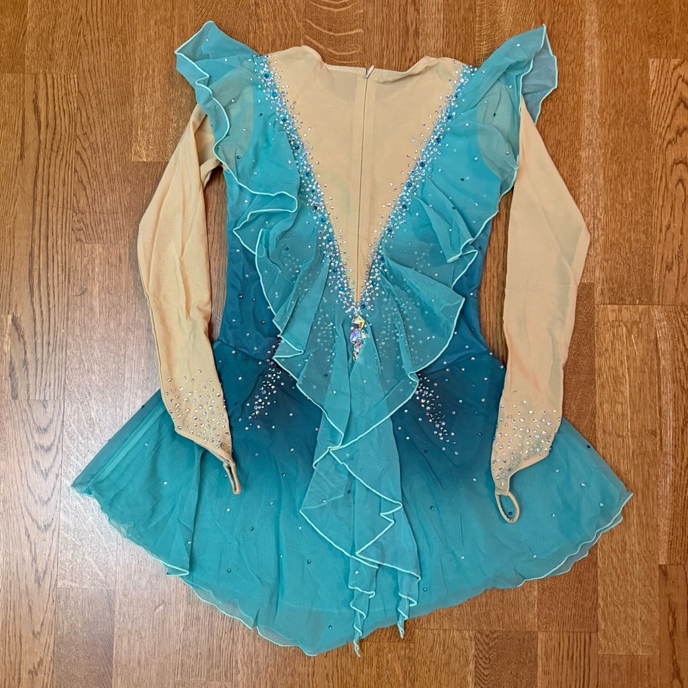 Figure Skating Customized Dress Teal Aqua Ombré Rhinestone Stoned Long Sleeve XS - Picture 6 of 17